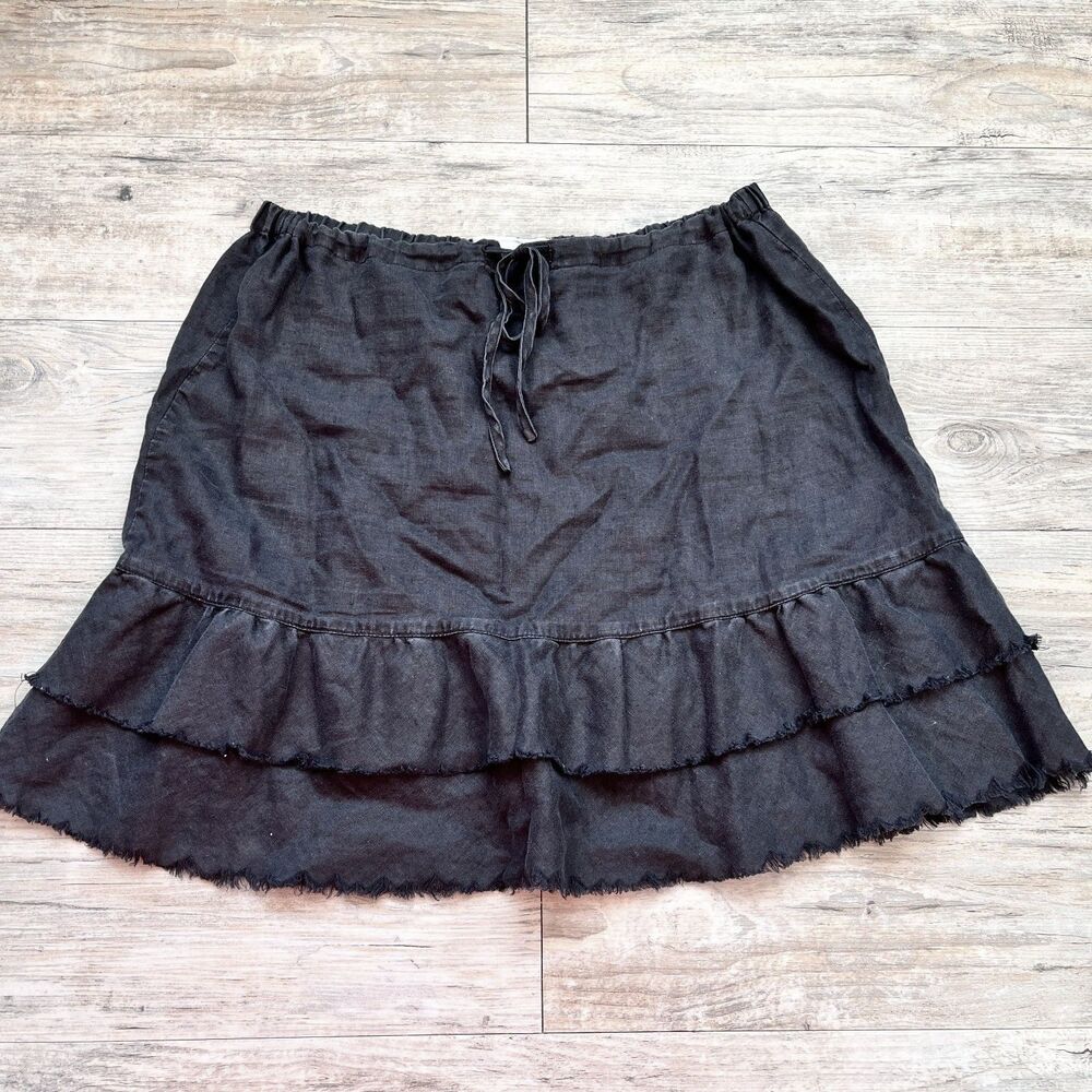 Old Navy 100% Linen Skirt High Waisted A-Line Ruffle Drawstring 10 Medium Black